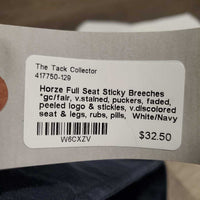 Full Seat Sticky Breeches *gc/fair, v.stained, puckers, faded, peeled logo & stickies, v.discolored seat & legs, rubs, pills
