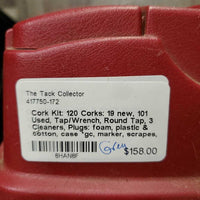 Cork Kit: 120 Corks: 19 new, 101 Used, Tap/Wrench, Round Tap, 3 Cleaners, Plugs: foam, plastic & cotton, case *gc, marker, scrapes, dirt, rust