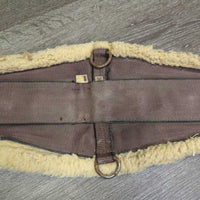 Wide Nylon Web & Fleece Roper Cinch, 2x D Rings *gc/fair, v.clumpy, hairy, dirty, v.rusty, thin/rubbed edges, older, stiff
