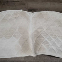 Quilt Jumper Pad, 1x piping *gc, clean, v. rubbed, mnr stains, cut tabs, hole, dingy, threads, pills
