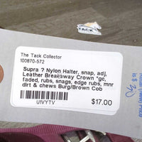 Nylon Halter, snap, adj, Leather Breakaway Crown *gc, faded, rubs, snags, edge rubs, mnr dirt & chews
