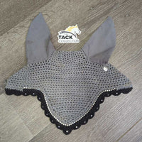 Crochet Fly Veil Ear Bonnet, bling, piping *gc, mnr dirt?stains, loose ear stitching, curled edges, mnr hair
