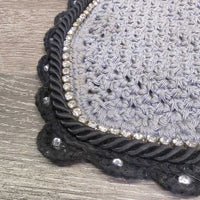 Crochet Fly Veil Ear Bonnet, bling, piping *gc, mnr dirt?stains, loose ear stitching, curled edges, mnr hair
