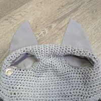 Crochet Fly Veil Ear Bonnet, bling, piping *gc, mnr dirt?stains, loose ear stitching, curled edges, mnr hair
