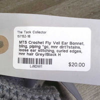 Crochet Fly Veil Ear Bonnet, bling, piping *gc, mnr dirt?stains, loose ear stitching, curled edges, mnr hair
