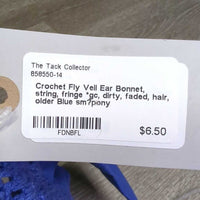 Crochet Fly Veil Ear Bonnet, string, fringe *gc, dirty, faded, hair, older
