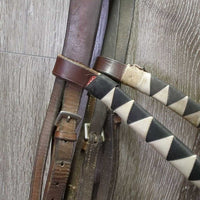 Leather Bridle, Ribbon wrapped Browband *gc/fair, older, rubs, scrapes, residue, creases
