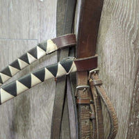 Leather Bridle, Ribbon wrapped Browband *gc/fair, older, rubs, scrapes, residue, creases
