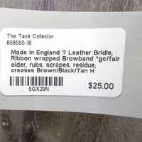 Leather Bridle, Ribbon wrapped Browband *gc/fair, older, rubs, scrapes, residue, creases
