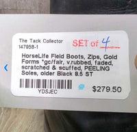 Field Boots, Zips, Gold Forms *gc/fair, v.rubbed, faded, scratched & scuffed, PEELING Soles, older
