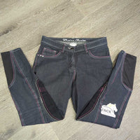 Denim EuroSeat Breeches *gc, clean, mnr faded & loose threads, seam puckers, curled inner waist

