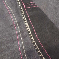 Denim EuroSeat Breeches *gc, clean, mnr faded & loose threads, seam puckers, curled inner waist
