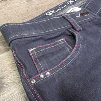 Denim EuroSeat Breeches *gc, clean, mnr faded & loose threads, seam puckers, curled inner waist
