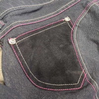 Denim EuroSeat Breeches *gc, clean, mnr faded & loose threads, seam puckers, curled inner waist
