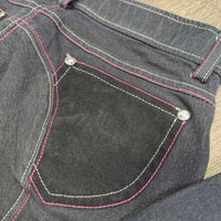 Denim EuroSeat Breeches *gc, clean, mnr faded & loose threads, seam puckers, curled inner waist
