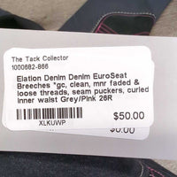 Denim EuroSeat Breeches *gc, clean, mnr faded & loose threads, seam puckers, curled inner waist
