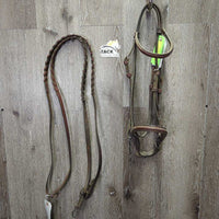 Raised Bridle, Braided Reins *fair/poor, dirty, v.dry, v.stiff, rivetted cheeks, stains, rubs
