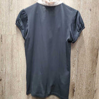 SS Show Shirt, 1/4 Button up, snap collar, ruffles *gc, older, rubs, pills, dingy collar
