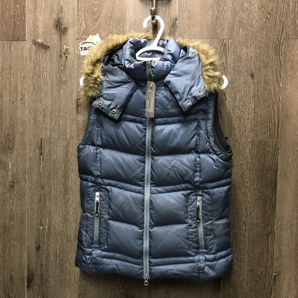 Puffy Vest, detach hood, faux fur *vgc, clean, older, mnr loose feathers, pocket stains, pilly edges & threads