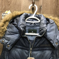 Puffy Vest, detach hood, faux fur *vgc, clean, older, mnr loose feathers, pocket stains, pilly edges & threads