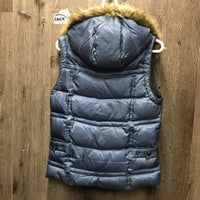 Puffy Vest, detach hood, faux fur *vgc, clean, older, mnr loose feathers, pocket stains, pilly edges & threads