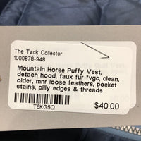 Puffy Vest, detach hood, faux fur *vgc, clean, older, mnr loose feathers, pocket stains, pilly edges & threads
