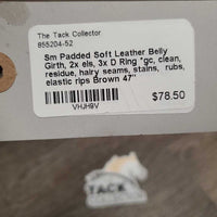 Sm Padded Soft Leather Belly Girth, 2x els, 3x D Ring *gc, clean, residue, hairy seams, stains, rubs, elastic rips
