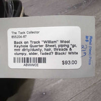 "William" Wool Keyhole Quarter Sheet, piping *gc, mnr dirty/dusty, hair, threads & clumpy, older, faded?

