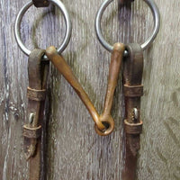 Fine Narrow Bradoon Hanger, Thin Copper Bradoon Bit, Thin Plain Reins *vgc, clean, mnr dirt, older, stains, scrapes, chews
