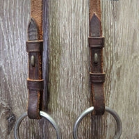 Fine Narrow Bradoon Hanger, Thin Copper Bradoon Bit, Thin Plain Reins *vgc, clean, mnr dirt, older, stains, scrapes, chews

