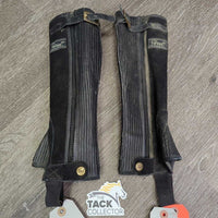 JUNIORS Suede Half Chaps, top buckle strap *vgc, clean, & dirty, rubs, residue, older
