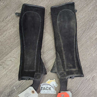 JUNIORS Suede Half Chaps, top buckle strap *vgc, clean, & dirty, rubs, residue, older
