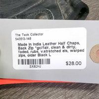 Leather Half Chaps, Back Zip *gc/fair, clean & dirty, faded, rubs, v.stretched els, warped zips, older
