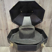 Felt Western Hat, Hard Plastic Hat Box *Hat: fair, dirty, older, hairy & torn lining Box: dirty, faded, taped residue
