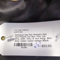 Felt Western Hat, Hard Plastic Hat Box *Hat: fair, dirty, older, hairy & torn lining Box: dirty, faded, taped residue
