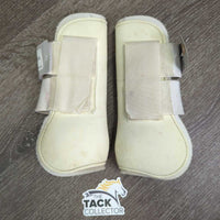 Pr Open Front Boots, velcro *gc, clean, stains, discolored/yellowed, pilly & frayed edges, rubs, 1 squished
