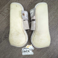 Pr Open Front Boots, velcro *gc, clean, stains, discolored/yellowed, pilly & frayed edges, rubs, 1 squished
