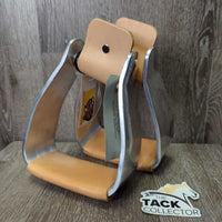 Wide Offset Aluminum & Leather Western Stirrups, tag *new, scratches, stains, rubs
