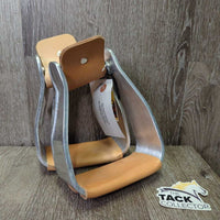 Wide Offset Aluminum & Leather Western Stirrups, tag *new, scratches, stains, rubs
