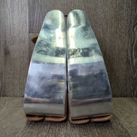 Wide Offset Aluminum & Leather Western Stirrups, tag *new, scratches, stains, rubs
