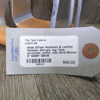 Wide Offset Aluminum & Leather Western Stirrups, tag *new, scratches, stains, rubs
