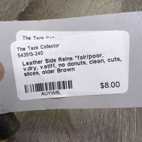 Leather Side Reins *fair/poor, v.dry, v.stiff, no donuts, clean, cuts, slices, older
