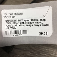 Stiff Nylon Halter, snap *fair, older, dirt, residue, faded, rust/oxidization, snags, frays
