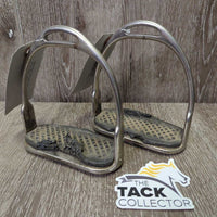 Pr Stirrup Irons, grips *gc/fair, older, disintegrating grips, rust, pitted, scrapes
