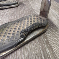 Pr Stirrup Irons, grips *gc/fair, older, disintegrating grips, rust, pitted, scrapes
