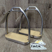 Fine Hvy Hinged Stirrup Irons, grips *gc, clean, discolored, sticker, residue, scratches, scrapes

