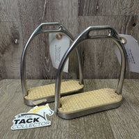 Fine Hvy Hinged Stirrup Irons, grips *gc, clean, discolored, sticker, residue, scratches, scrapes
