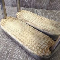 Fine Hvy Stirrup Irons, grips *gc/fair, older, oxidized, mnr stains,scratches, discolored grips, residue, v.rubbed
