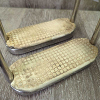 Fine Hvy Stirrup Irons, grips *gc/fair, older, oxidized, mnr stains,scratches, discolored grips, residue, v.rubbed
