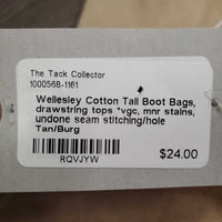 Cotton Tall Boot Bags, drawstring tops *vgc, mnr stains, undone seam stitching/hole
